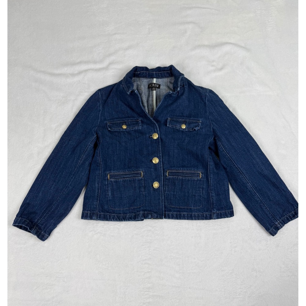 J.Crew Womens Dark Wash Denim Chore Jacket Gold Crest Button Utility Blazer 6